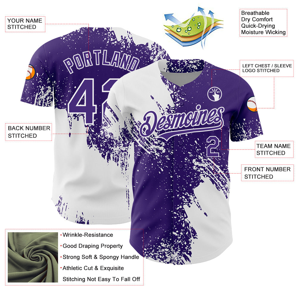 Custom White Purple 3D Pattern Design Abstract Brush Stroke Authentic Baseball Jersey view 3