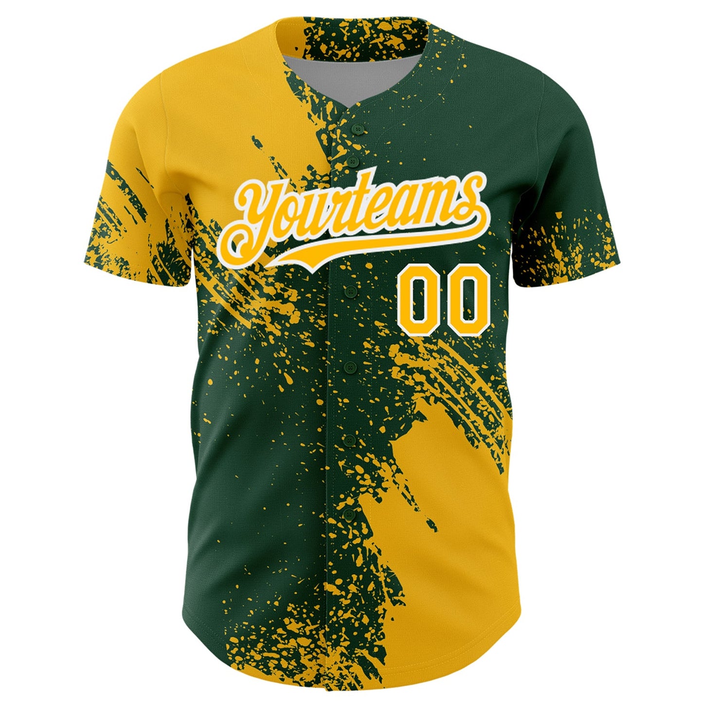 Custom Gold Green-White 3D Pattern Design Abstract Brush Stroke Authentic Baseball Jersey view 2