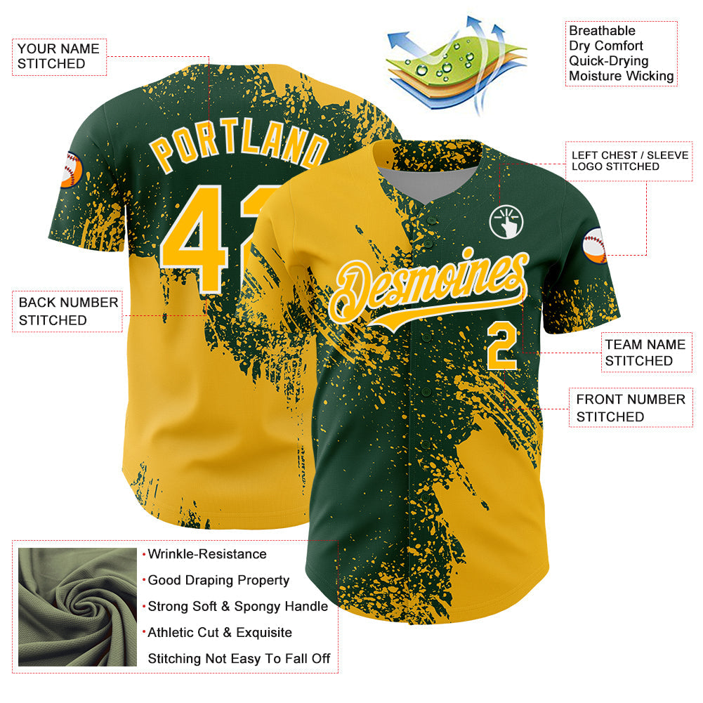 Custom Gold Green-White 3D Pattern Design Abstract Brush Stroke Authentic Baseball Jersey view 3