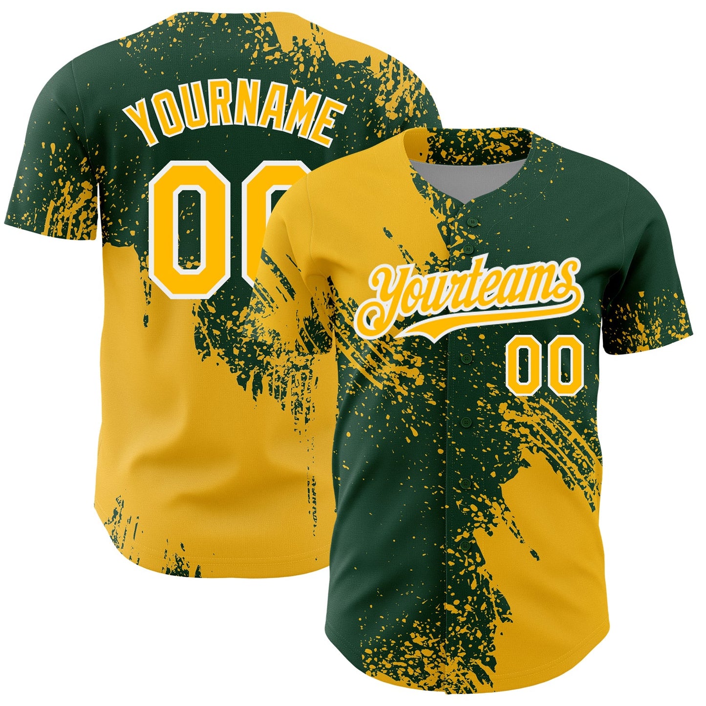 Custom Gold Green-White 3D Pattern Design Abstract Brush Stroke Authentic Baseball Jersey - Main View