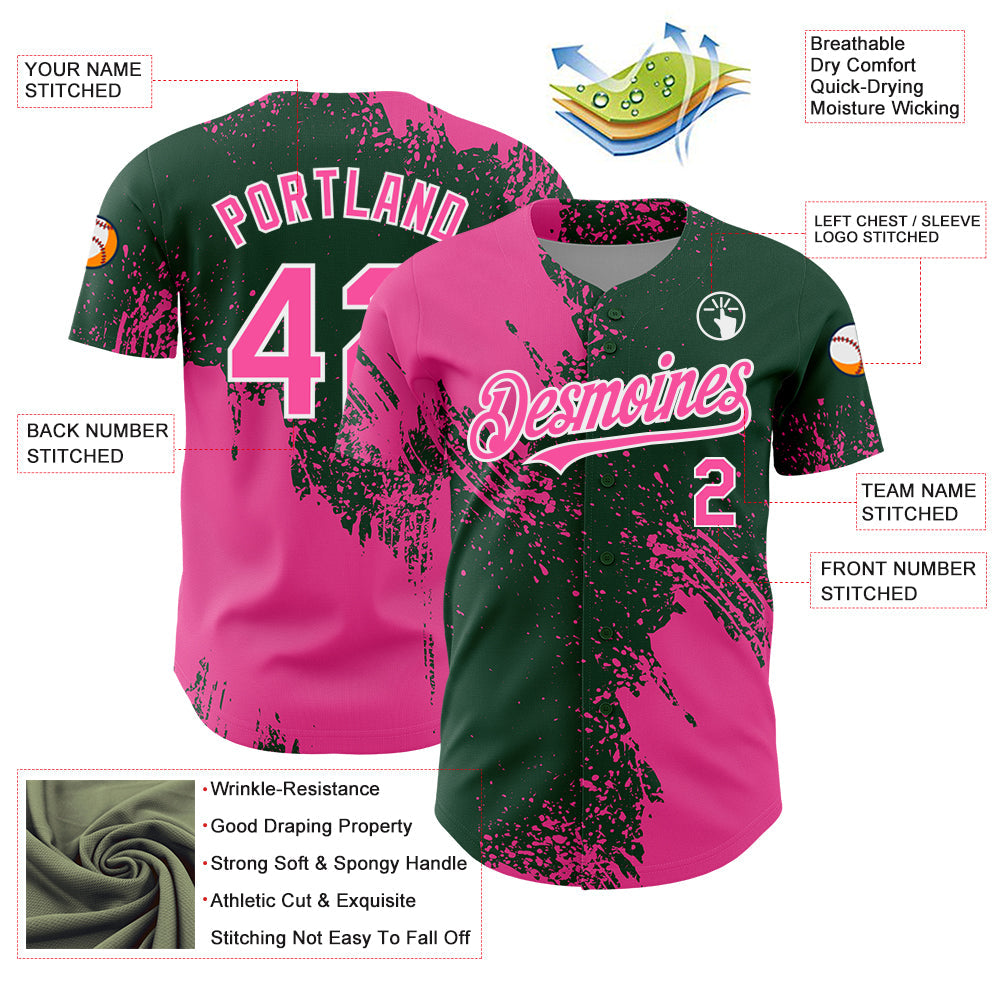 Custom Pink Green-White 3D Pattern Design Abstract Brush Stroke Authentic Baseball Jersey view 3
