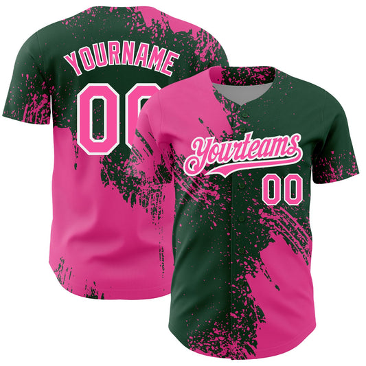 Custom Pink Green-White 3D Pattern Design Abstract Brush Stroke Authentic Baseball Jersey - Main View