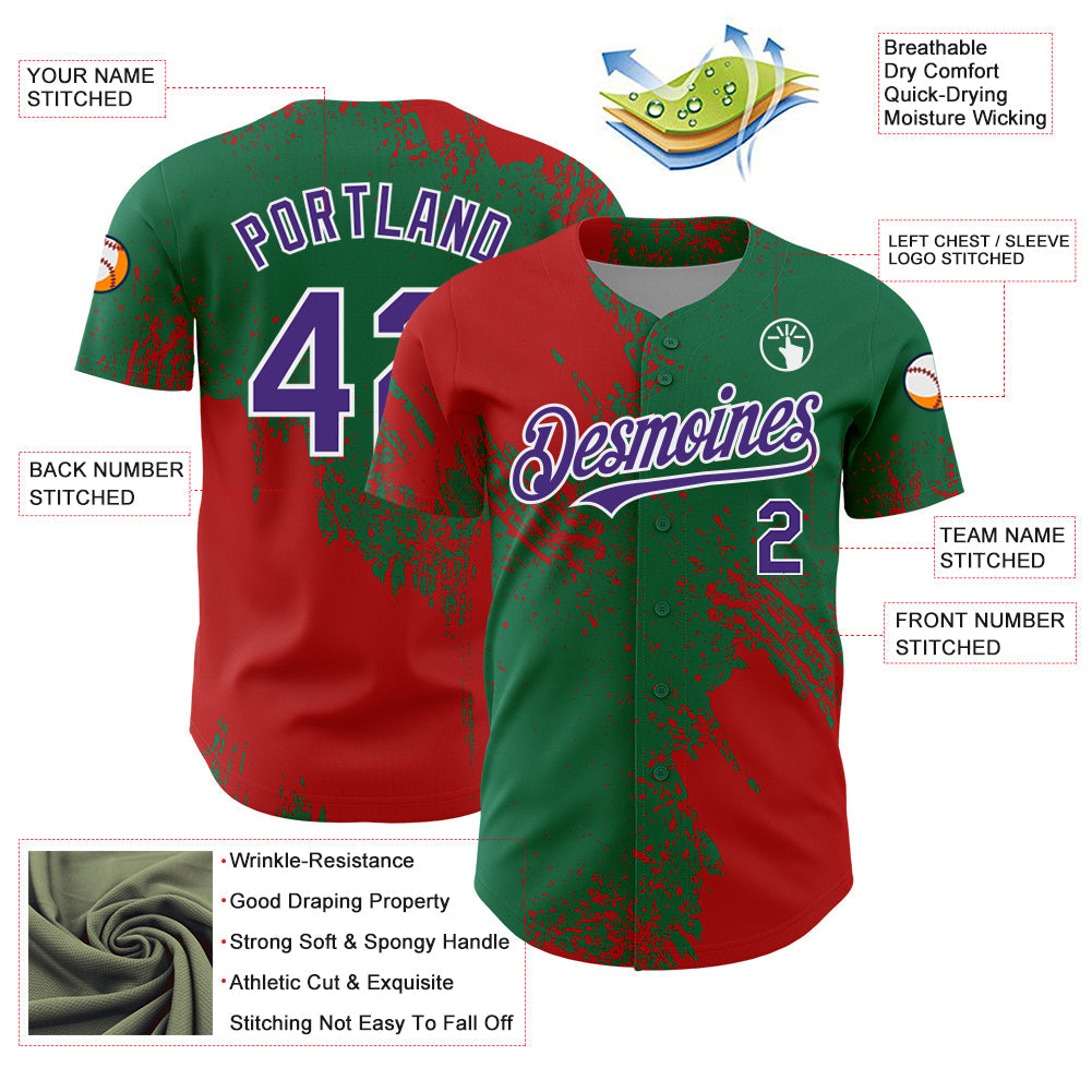 Custom Red Purple Kelly Green-White 3D Pattern Design Abstract Brush Stroke Authentic Baseball Jersey view 3
