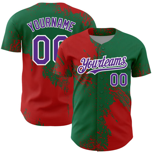 Custom Red Purple Kelly Green-White 3D Pattern Design Abstract Brush Stroke Authentic Baseball Jersey - Main View