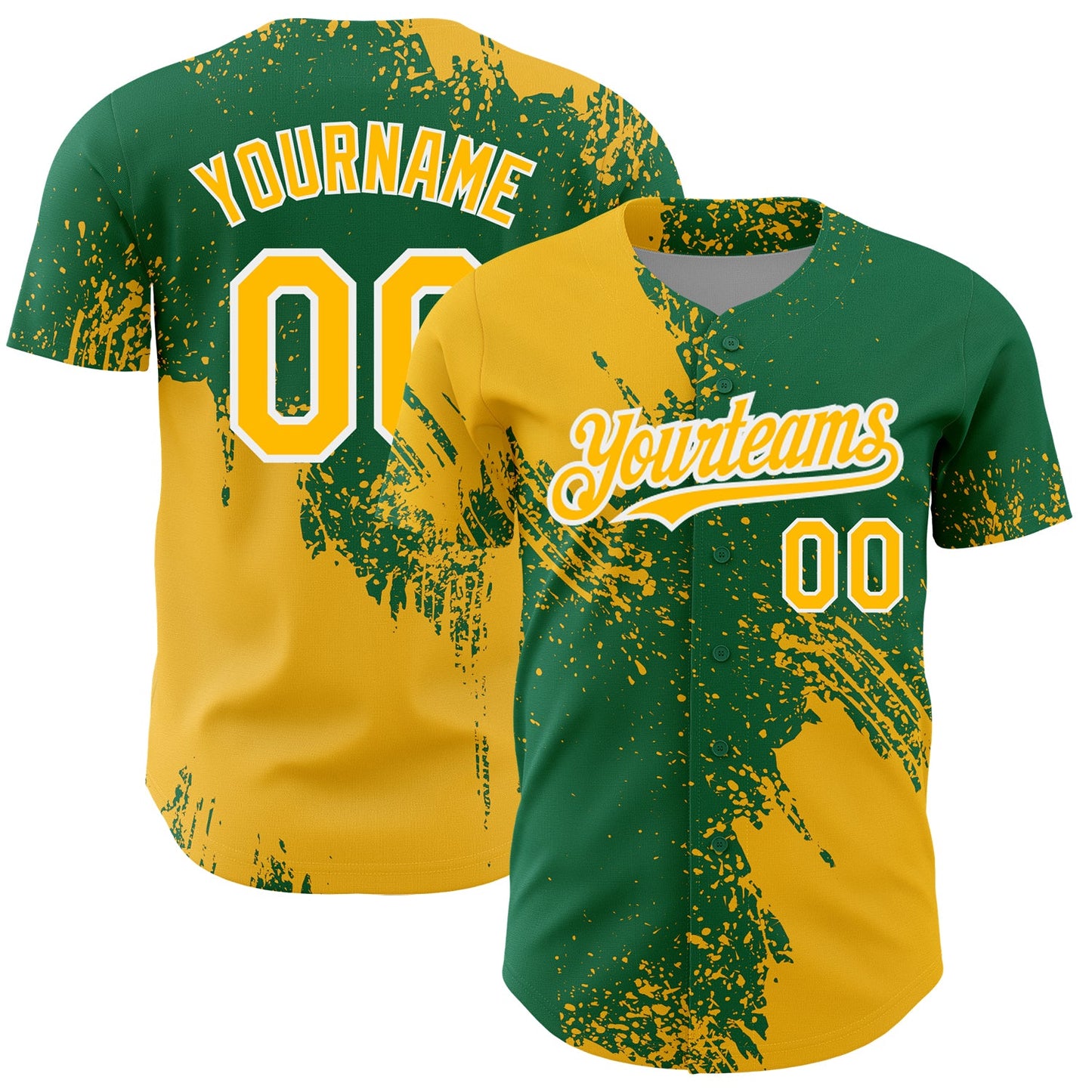 Custom Gold Kelly Green-White 3D Pattern Design Abstract Brush Stroke Authentic Baseball Jersey - Main View