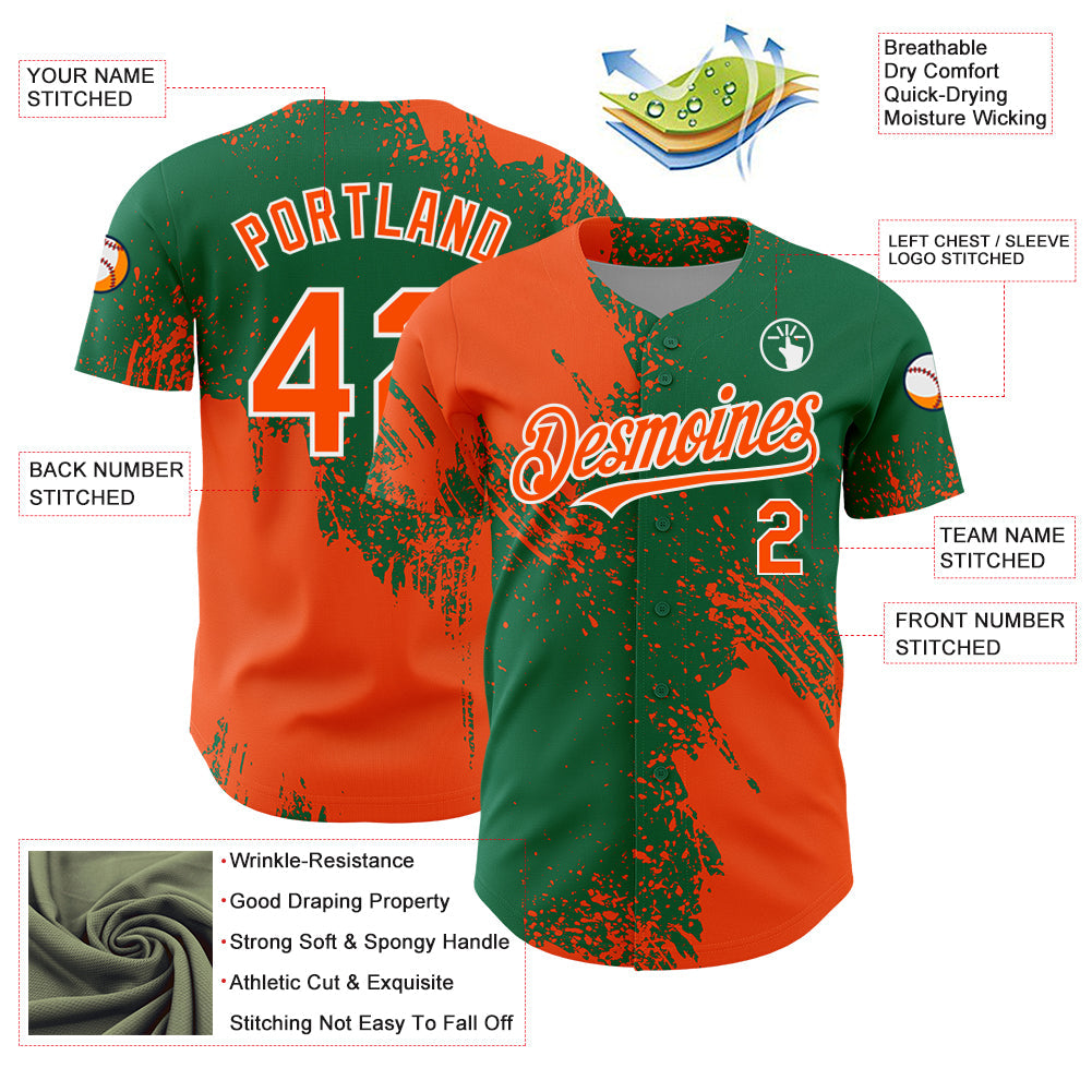 Custom Orange Kelly Green-White 3D Pattern Design Abstract Brush Stroke Authentic Baseball Jersey view 4