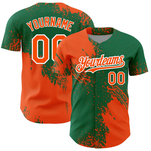 Custom Orange Kelly Green-White 3D Pattern Design Abstract Brush Stroke Authentic Baseball Jersey - Main View