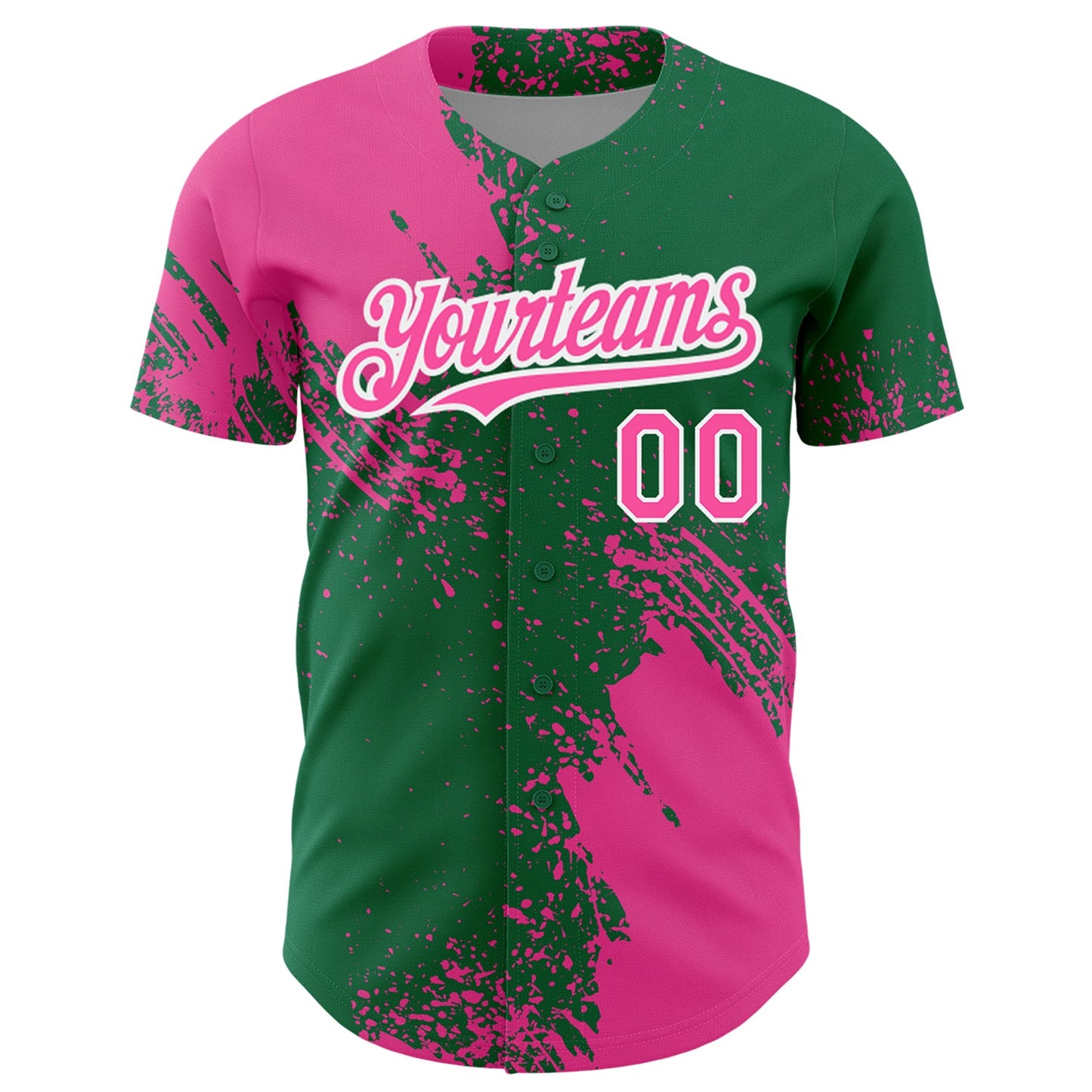 Custom Pink Kelly Green-White 3D Pattern Design Abstract Brush Stroke Authentic Baseball Jersey view 2