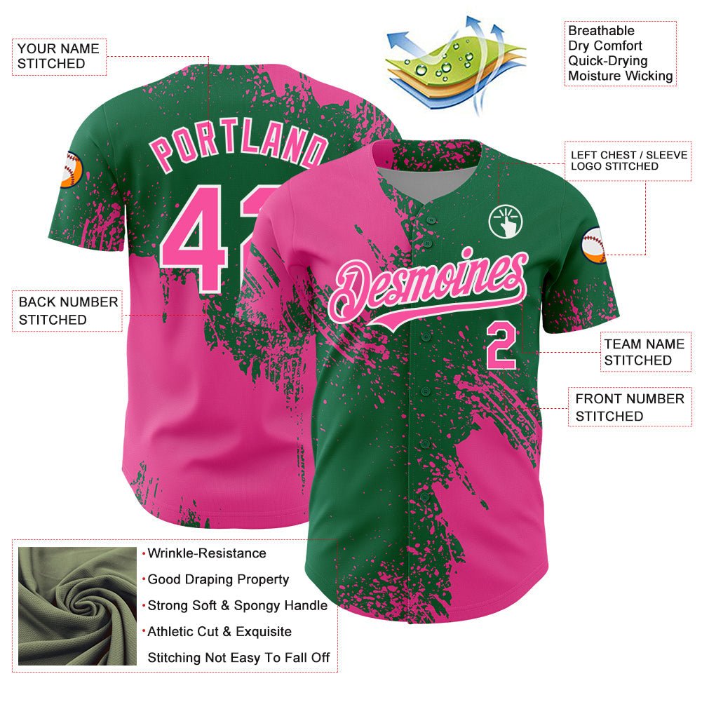 Custom Pink Kelly Green-White 3D Pattern Design Abstract Brush Stroke Authentic Baseball Jersey view 3