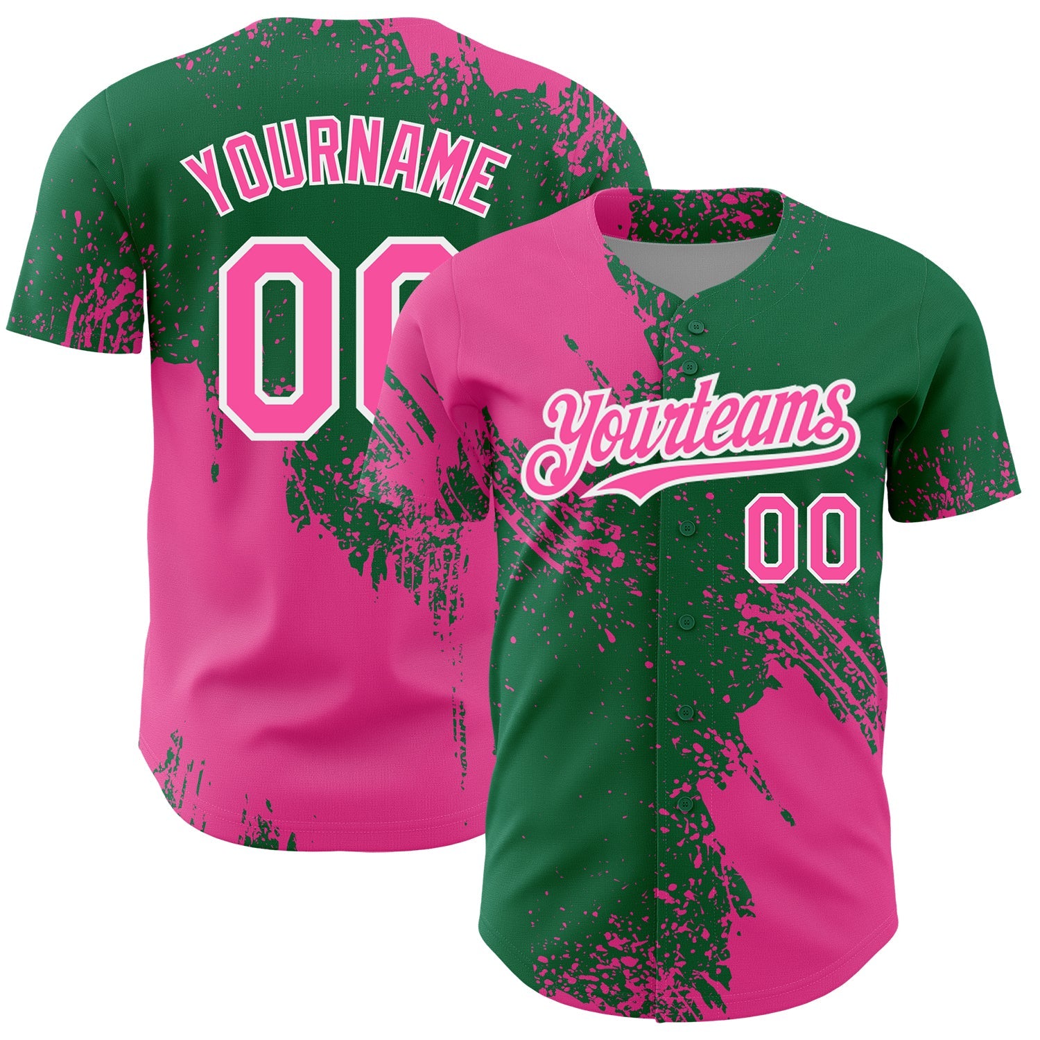 Custom Pink Kelly Green-White 3D Pattern Design Abstract Brush Stroke Authentic Baseball Jersey - Main View