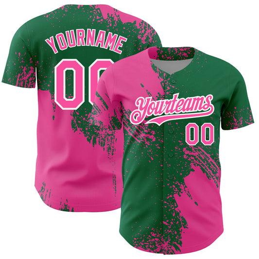 Custom Pink Kelly Green-White 3D Pattern Design Abstract Brush Stroke Authentic Baseball Jersey - Main View