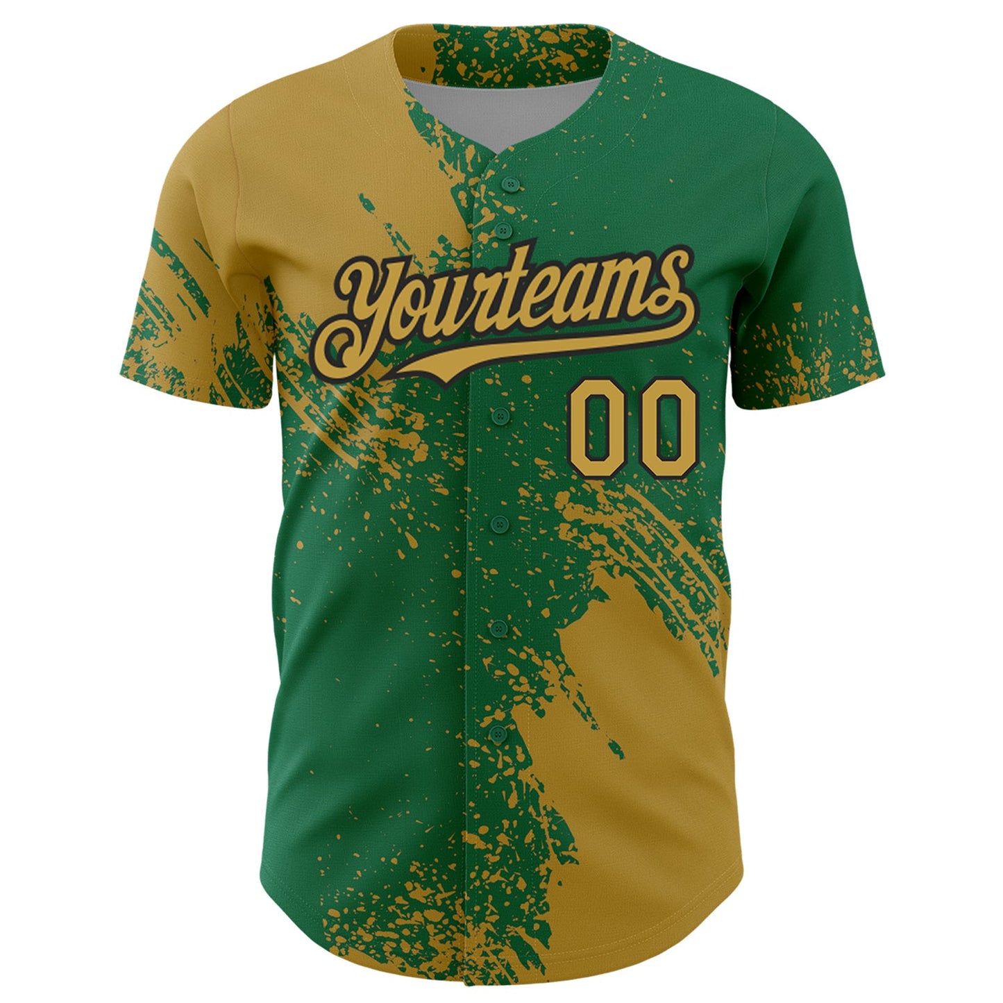 Custom Old Gold Kelly Green-Black 3D Pattern Design Abstract Brush Stroke Authentic Baseball Jersey view 2