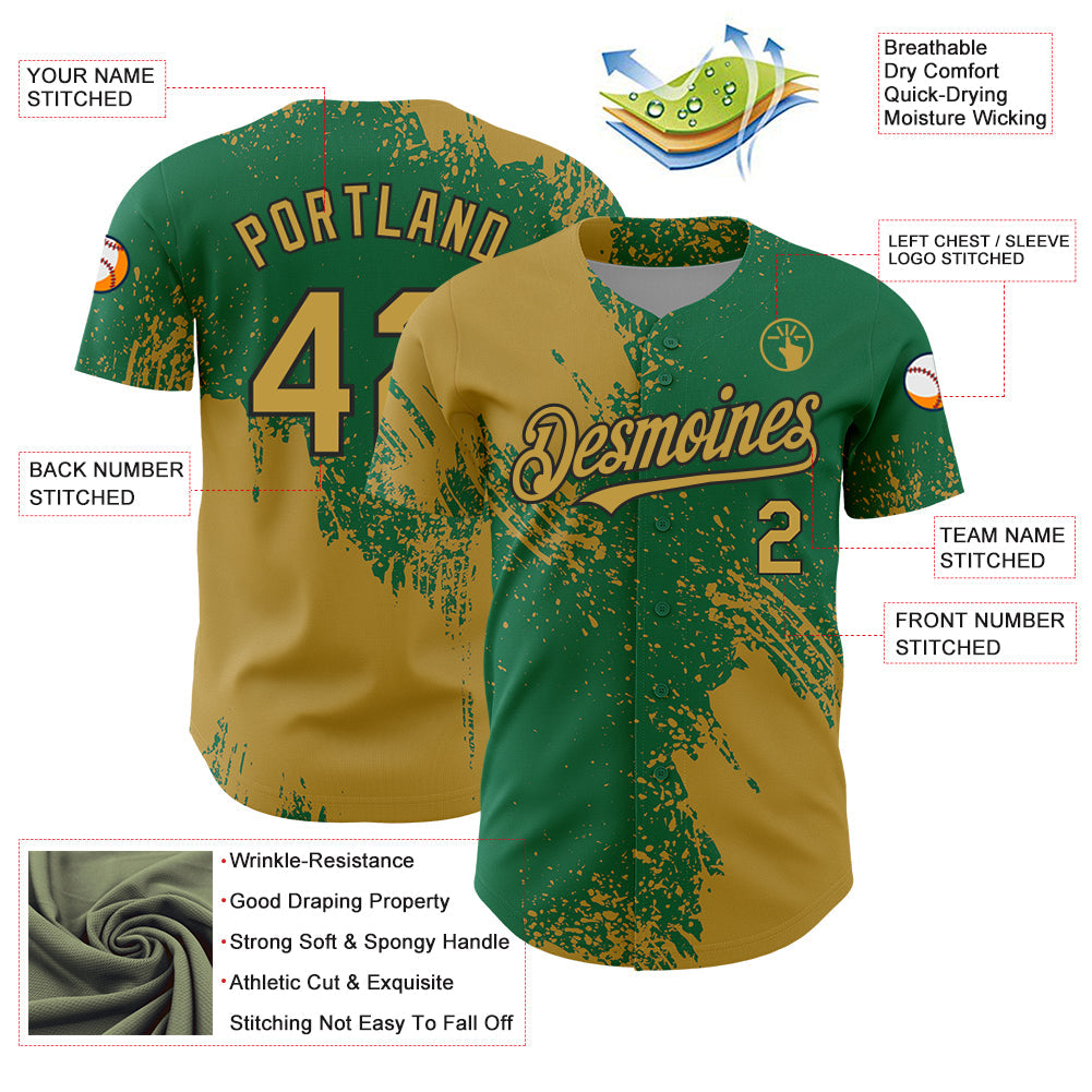 Custom Old Gold Kelly Green-Black 3D Pattern Design Abstract Brush Stroke Authentic Baseball Jersey view 3