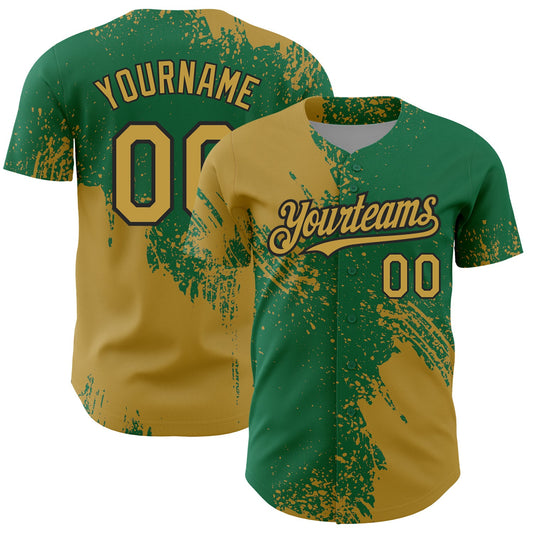 Custom Old Gold Kelly Green-Black 3D Pattern Design Abstract Brush Stroke Authentic Baseball Jersey - Main View
