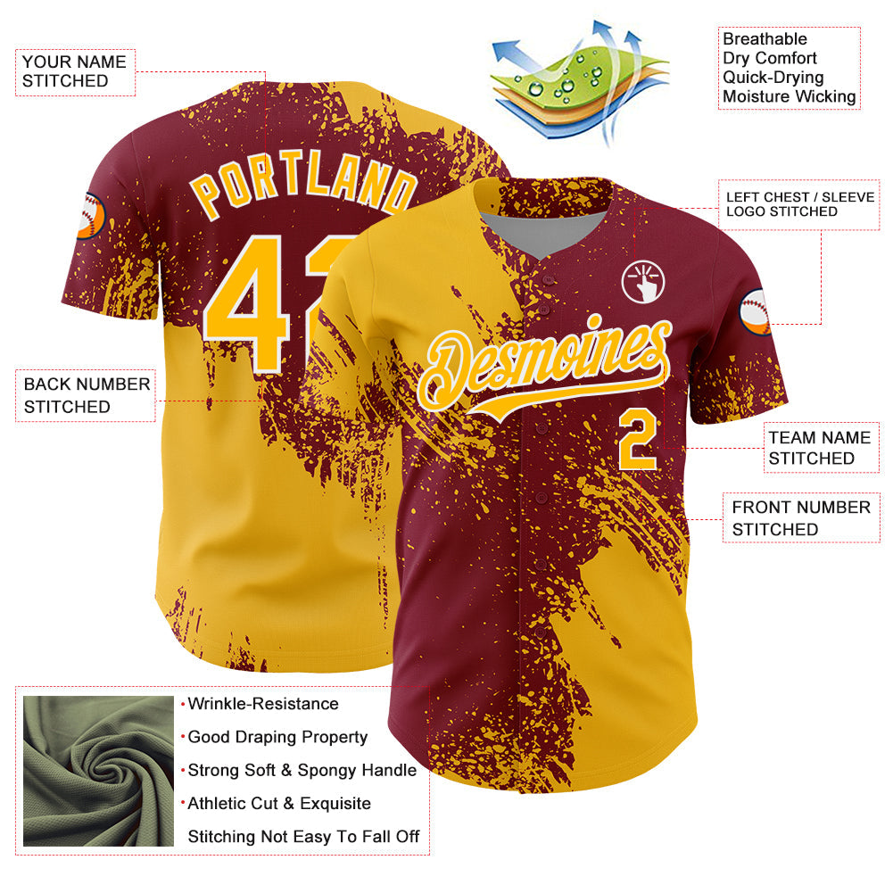 Custom Gold Crimson-White 3D Pattern Design Abstract Brush Stroke Authentic Baseball Jersey view 3