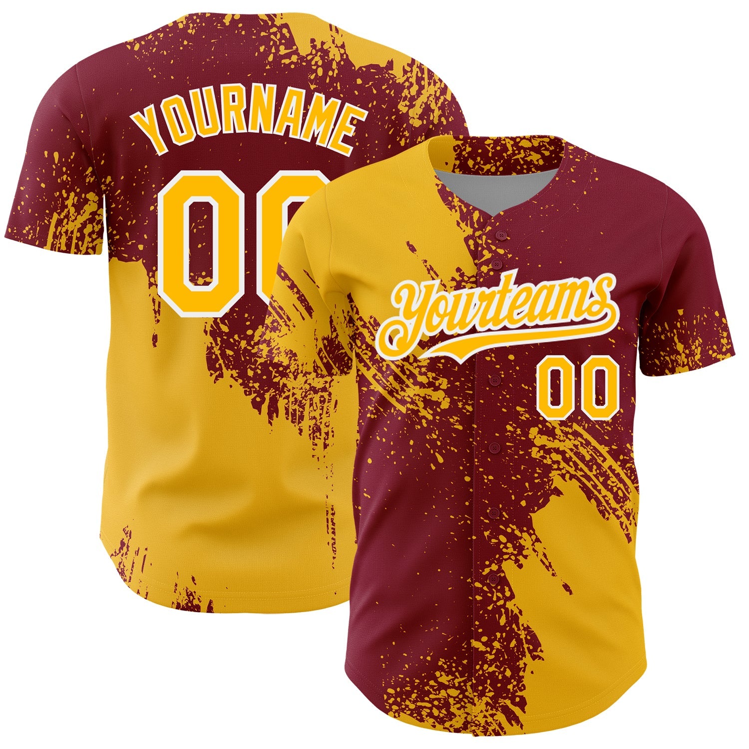 Custom Gold Crimson-White 3D Pattern Design Abstract Brush Stroke Authentic Baseball Jersey - Main View