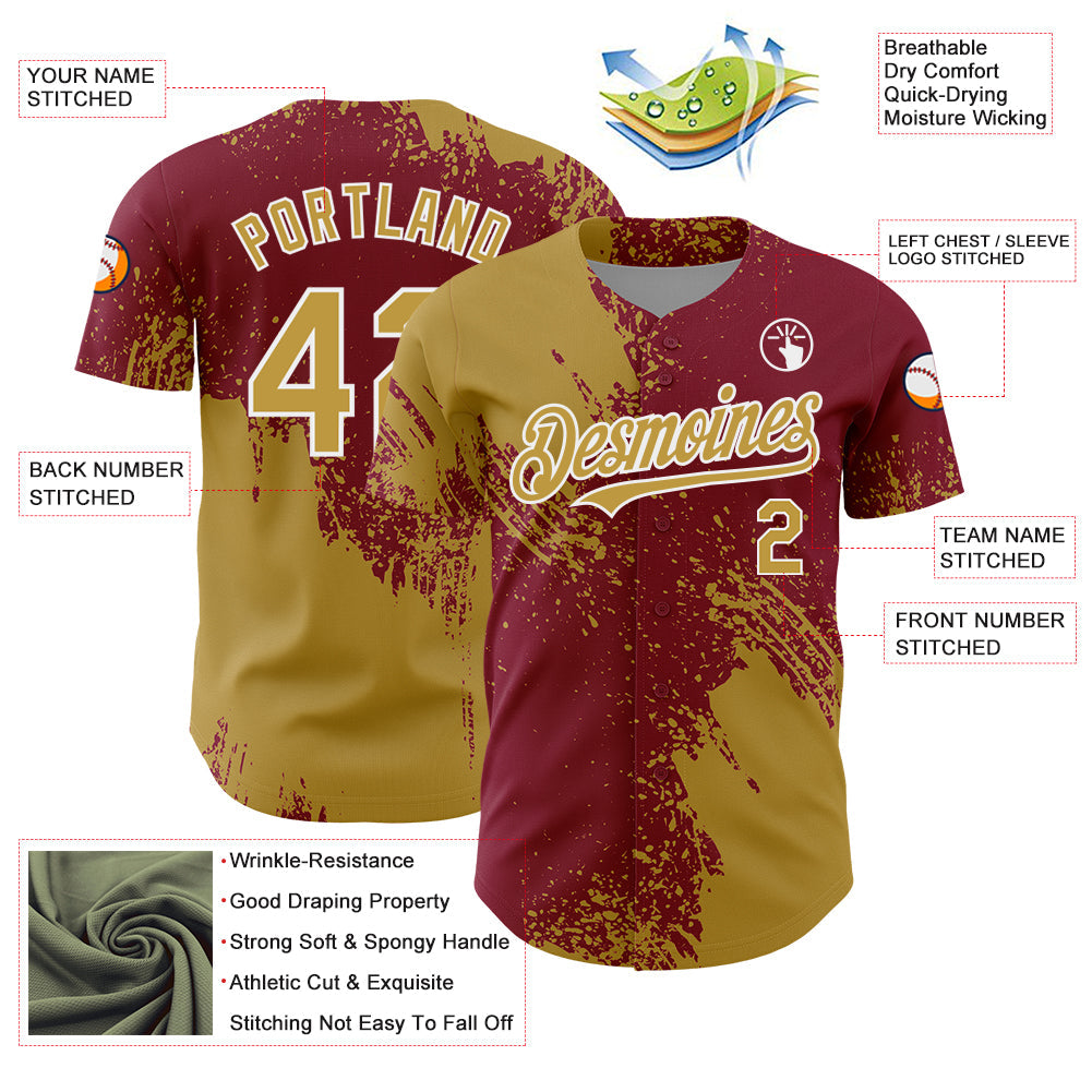 Custom Old Gold Crimson-White 3D Pattern Design Abstract Brush Stroke Authentic Baseball Jersey view 3