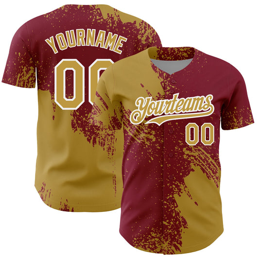 Custom Old Gold Crimson-White 3D Pattern Design Abstract Brush Stroke Authentic Baseball Jersey - Main View