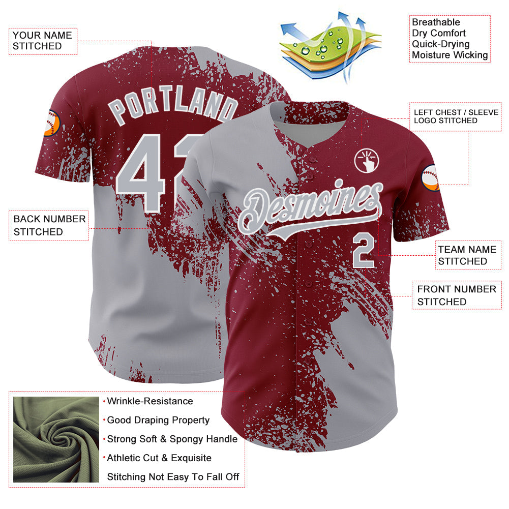 Custom Gray Crimson-White 3D Pattern Design Abstract Brush Stroke Authentic Baseball Jersey view 3