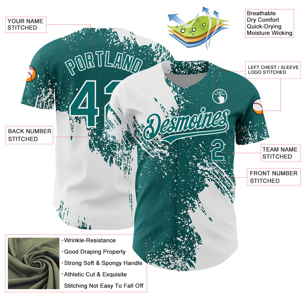 Custom White Teal 3D Pattern Design Abstract Brush Stroke Authentic Baseball Jersey view 3