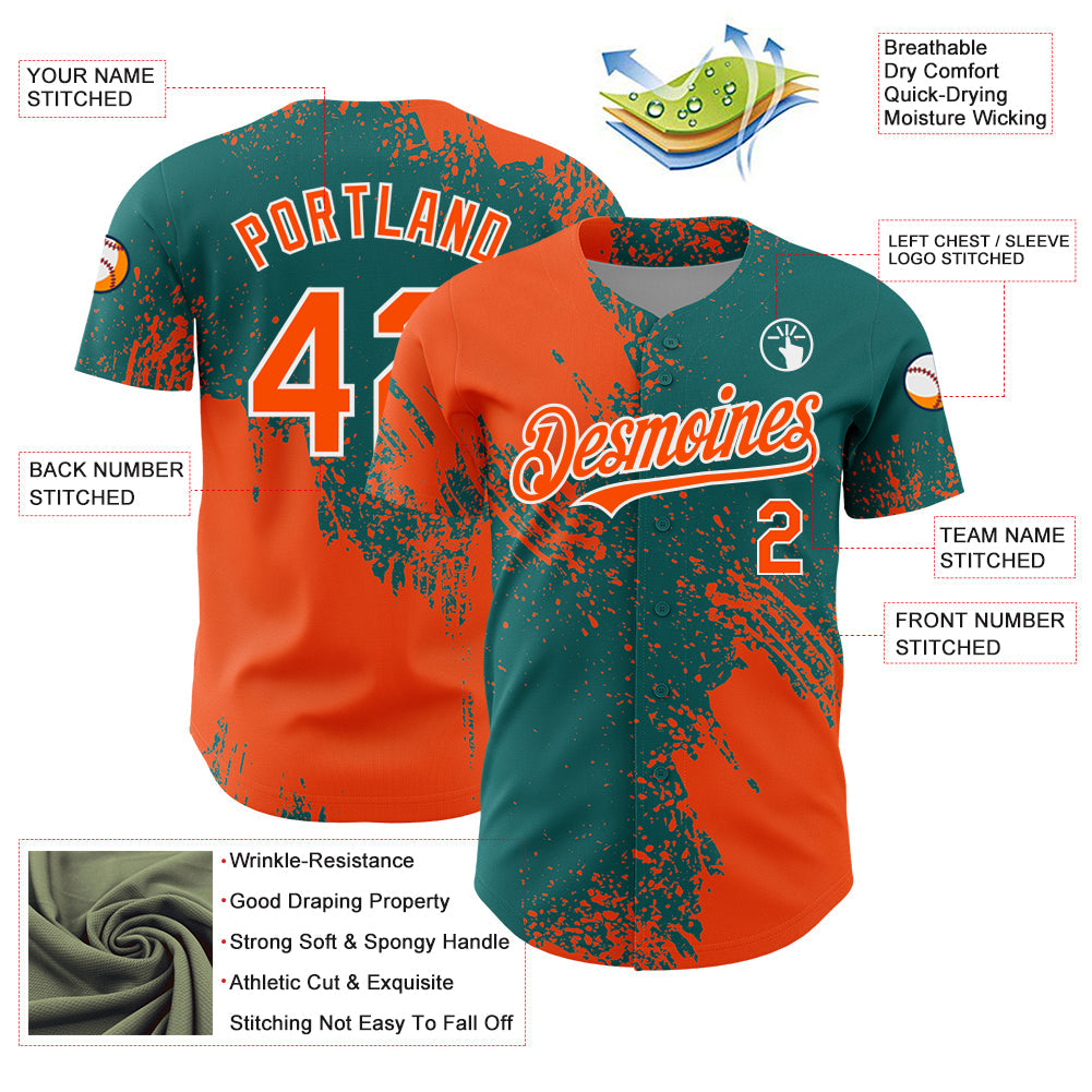 Custom Orange Teal-White 3D Pattern Design Abstract Brush Stroke Authentic Baseball Jersey view 3