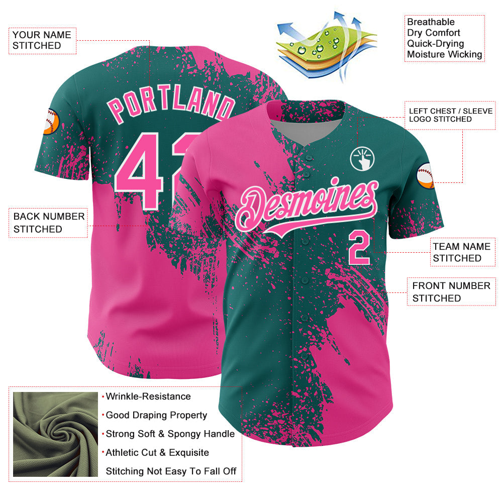 Custom Pink Teal-White 3D Pattern Design Abstract Brush Stroke Authentic Baseball Jersey view 3