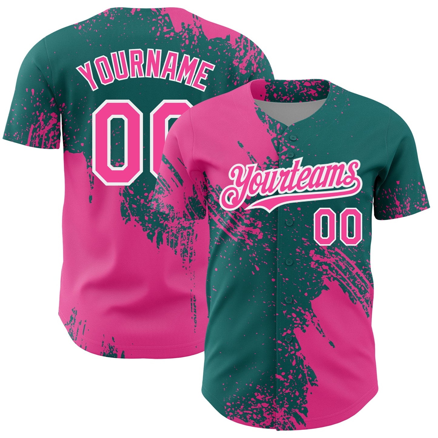 Custom Pink Teal-White 3D Pattern Design Abstract Brush Stroke Authentic Baseball Jersey - Main View