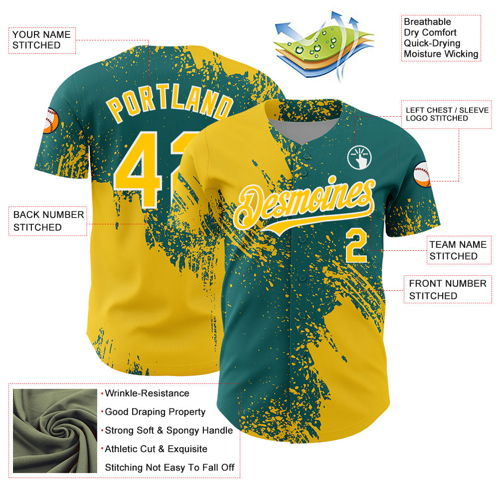 Custom Yellow Teal-White 3D Pattern Design Abstract Brush Stroke Authentic Baseball Jersey view 3
