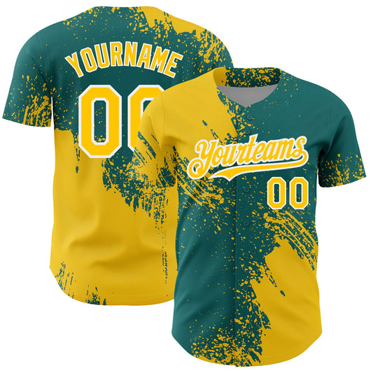 Custom Yellow Teal-White 3D Pattern Design Abstract Brush Stroke Authentic Baseball Jersey - Main View