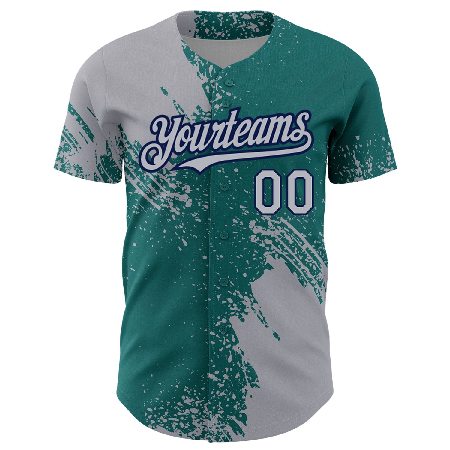 Custom Gray Teal-Navy 3D Pattern Design Abstract Brush Stroke Authentic Baseball Jersey view 2