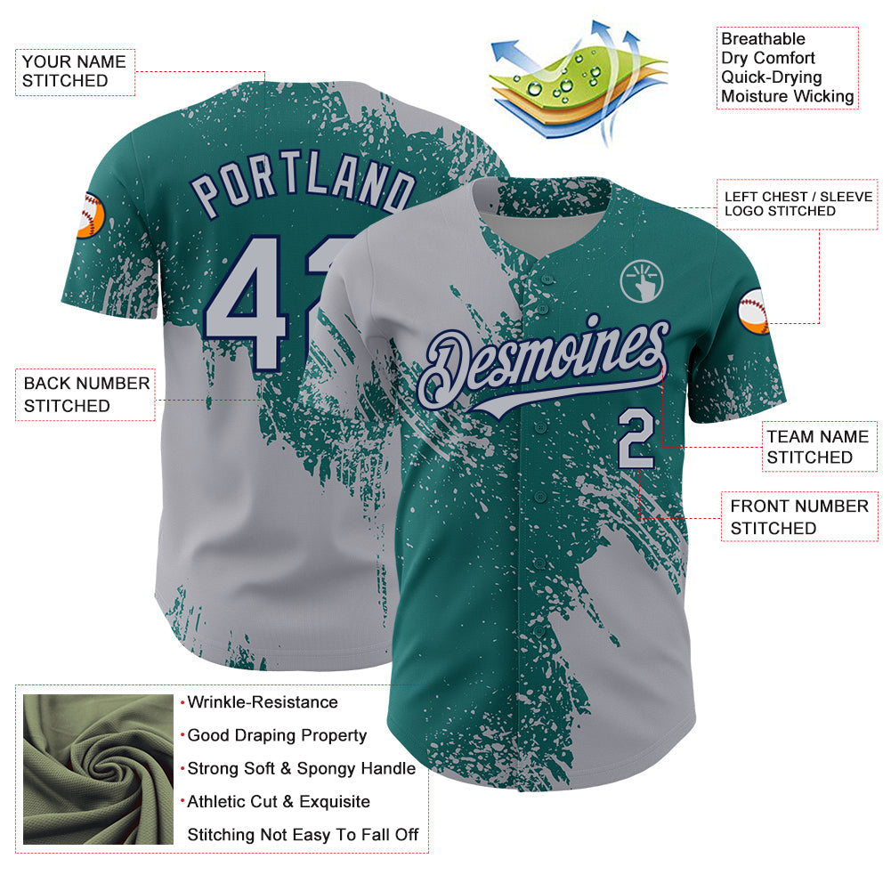 Custom Gray Teal-Navy 3D Pattern Design Abstract Brush Stroke Authentic Baseball Jersey view 3