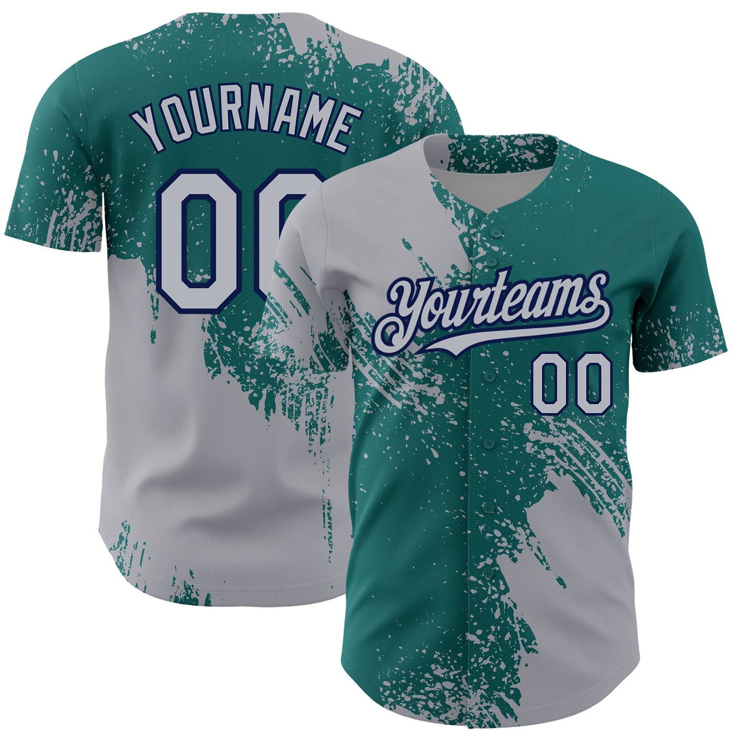 Custom Gray Teal-Navy 3D Pattern Design Abstract Brush Stroke Authentic Baseball Jersey - Main View