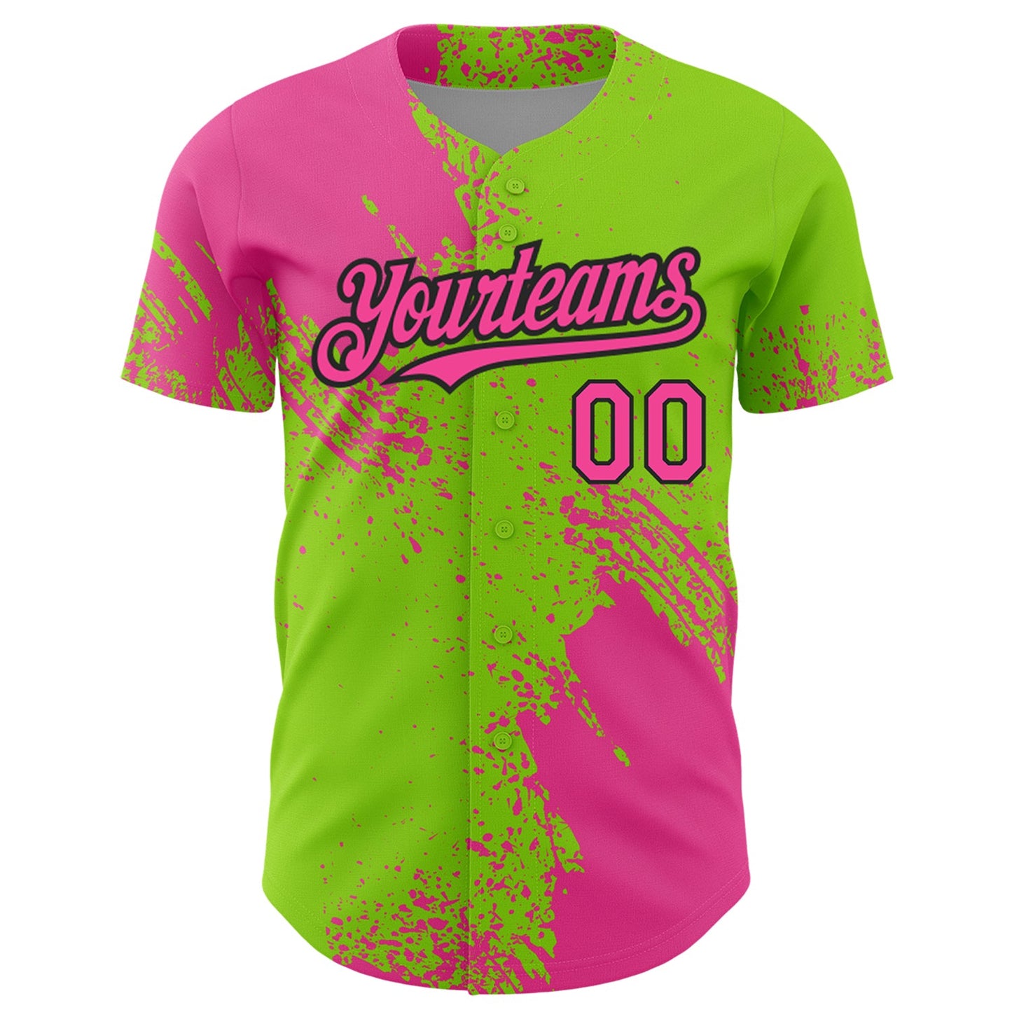 Custom Pink Neon Green-Black 3D Pattern Design Abstract Brush Stroke Authentic Baseball Jersey view 2