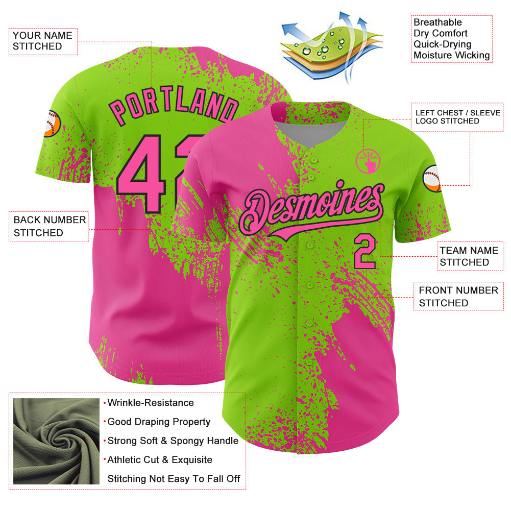 Custom Pink Neon Green-Black 3D Pattern Design Abstract Brush Stroke Authentic Baseball Jersey view 3