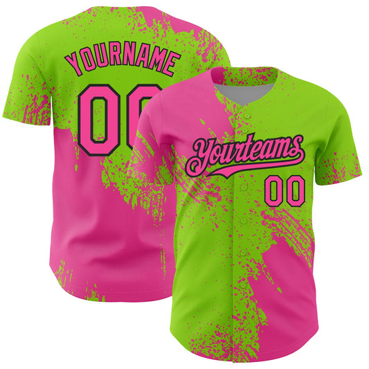 Custom Pink Neon Green-Black 3D Pattern Design Abstract Brush Stroke Authentic Baseball Jersey - Main View