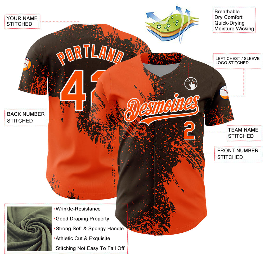 Custom Orange Brown-White 3D Pattern Design Abstract Brush Stroke Authentic Baseball Jersey view 3