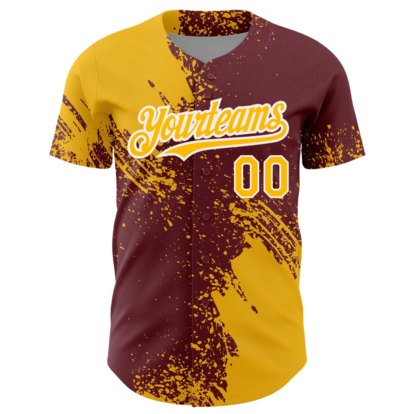 Custom Gold Burgundy-White 3D Pattern Design Abstract Brush Stroke Authentic Baseball Jersey view 2