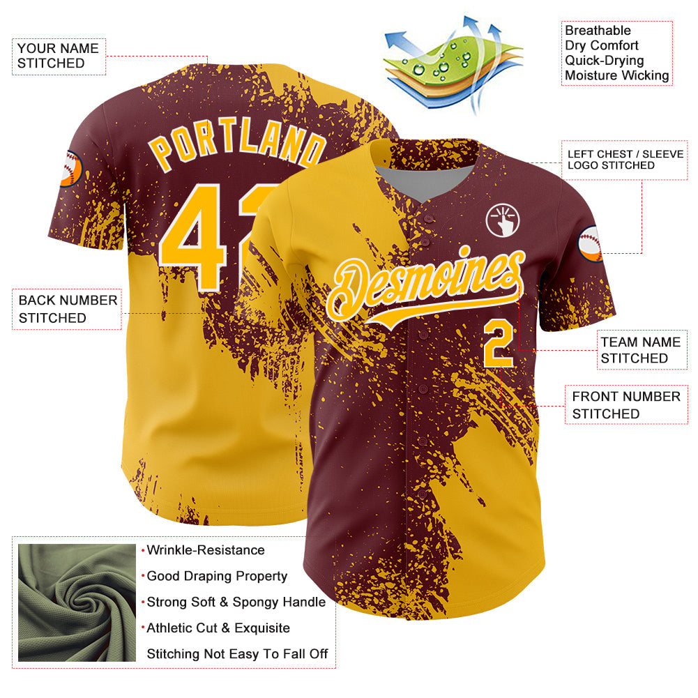 Custom Gold Burgundy-White 3D Pattern Design Abstract Brush Stroke Authentic Baseball Jersey view 3