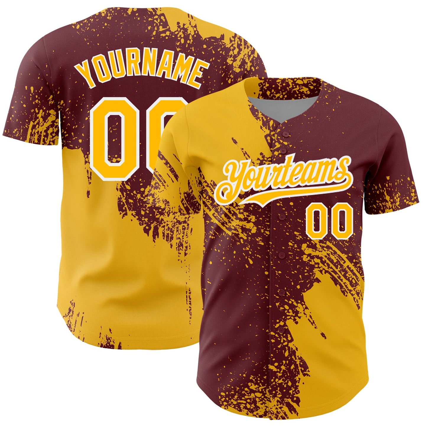 Custom Gold Burgundy-White 3D Pattern Design Abstract Brush Stroke Authentic Baseball Jersey - Main View