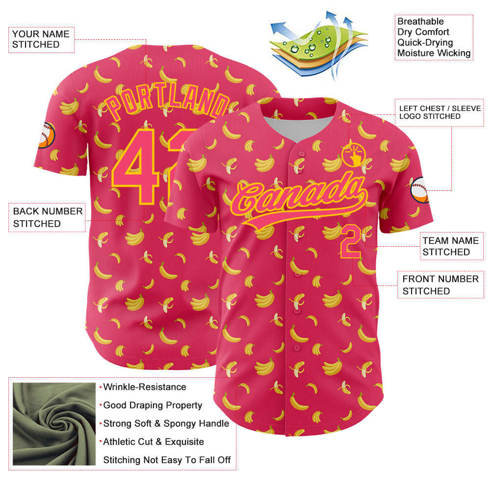Custom Neon Pink Yellow 3D Pattern Design Fruit Banana Authentic Baseball Jersey view 3