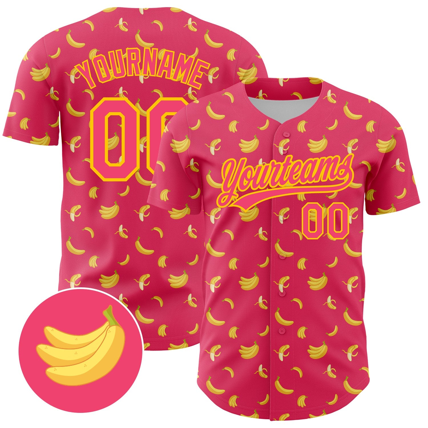 Custom Neon Pink Yellow 3D Pattern Design Fruit Banana Authentic Baseball Jersey - Main View