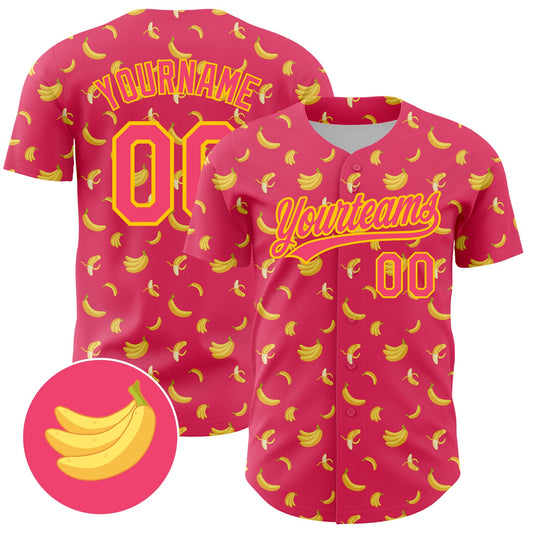 Custom Neon Pink Yellow 3D Pattern Design Fruit Banana Authentic Baseball Jersey - Main View