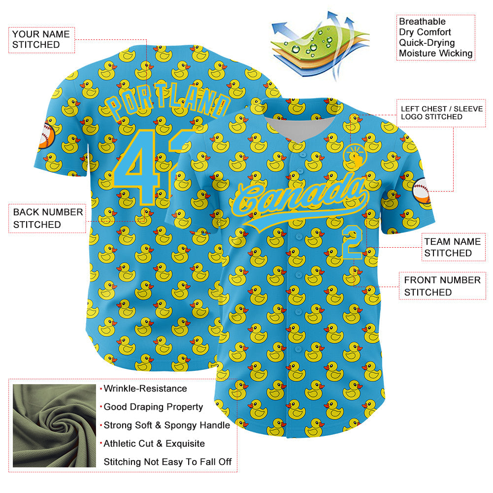Custom Sky Blue Yellow 3D Pattern Design Animal Duck Authentic Baseball Jersey view 3