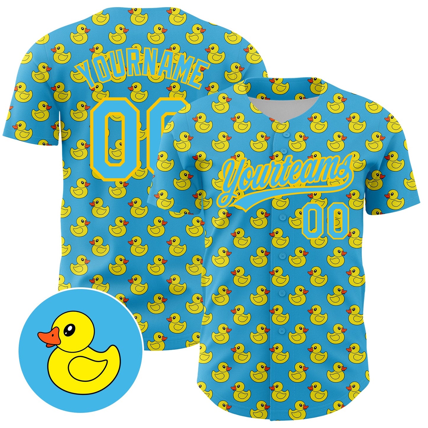 Custom Sky Blue Yellow 3D Pattern Design Animal Duck Authentic Baseball Jersey - Main View