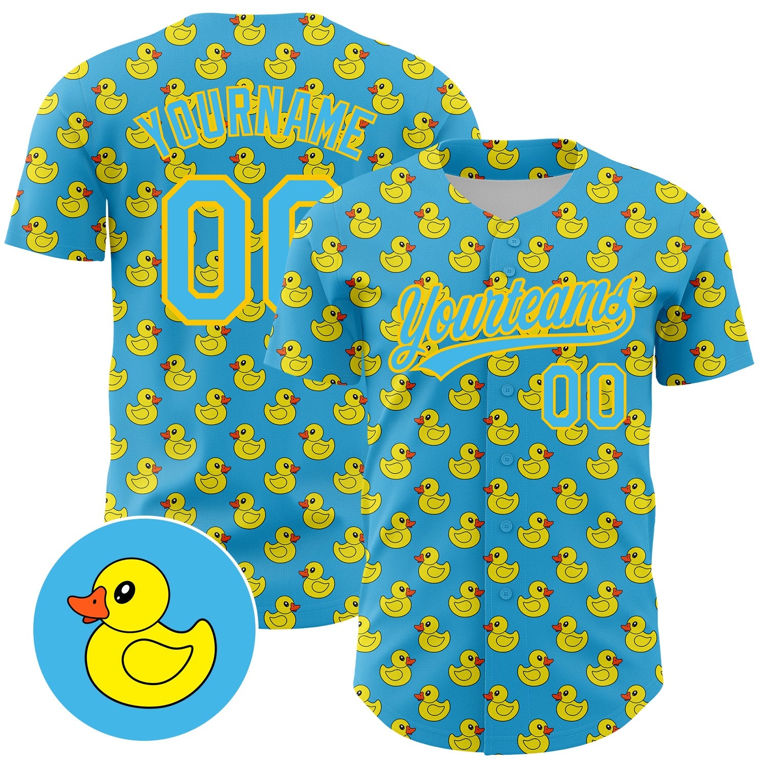 Custom Sky Blue Yellow 3D Pattern Design Animal Duck Authentic Baseball Jersey - Main View