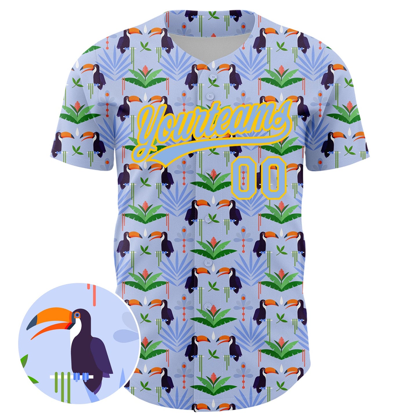 Custom Light Blue Yellow 3D Pattern Design Animal Toucan And Tropical Hawaii Palm Leaves Authentic Baseball Jersey view 2