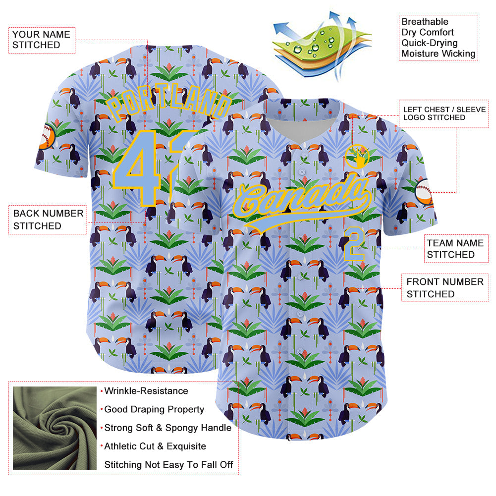 Custom Light Blue Yellow 3D Pattern Design Animal Toucan And Tropical Hawaii Palm Leaves Authentic Baseball Jersey view 3