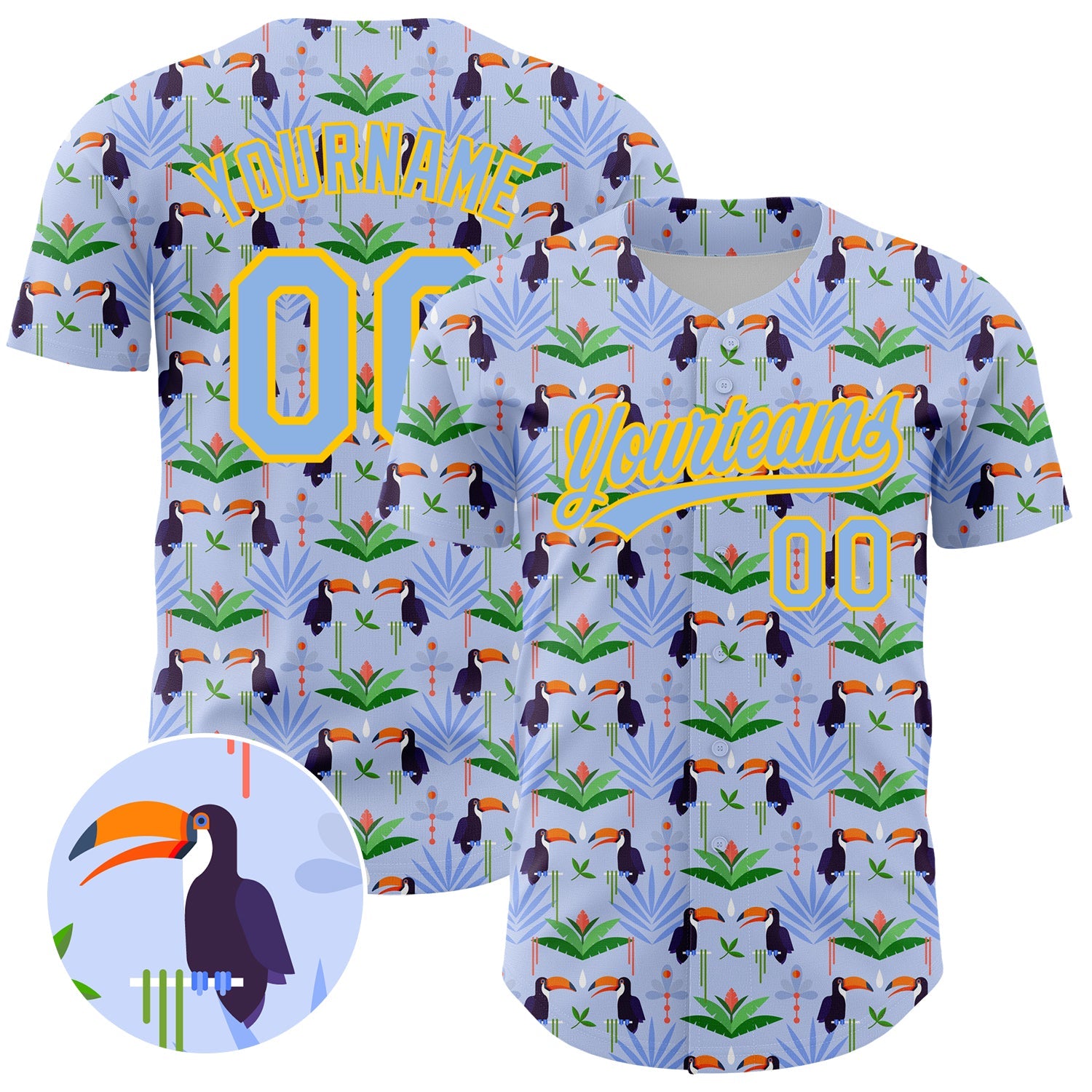 Custom Light Blue Yellow 3D Pattern Design Animal Toucan And Tropical Hawaii Palm Leaves Authentic Baseball Jersey - Main View