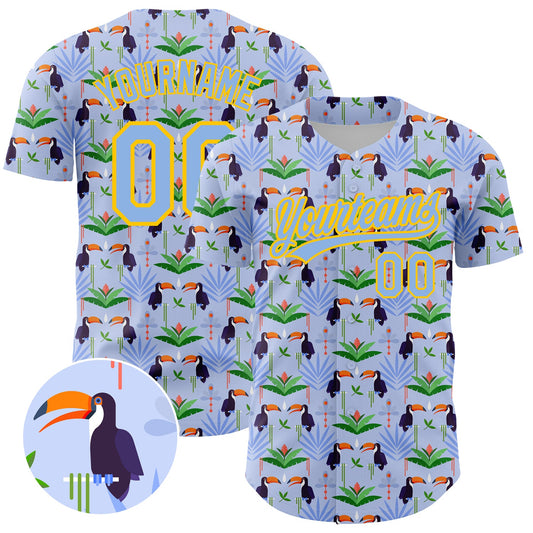 Custom Light Blue Yellow 3D Pattern Design Animal Toucan And Tropical Hawaii Palm Leaves Authentic Baseball Jersey - Main View