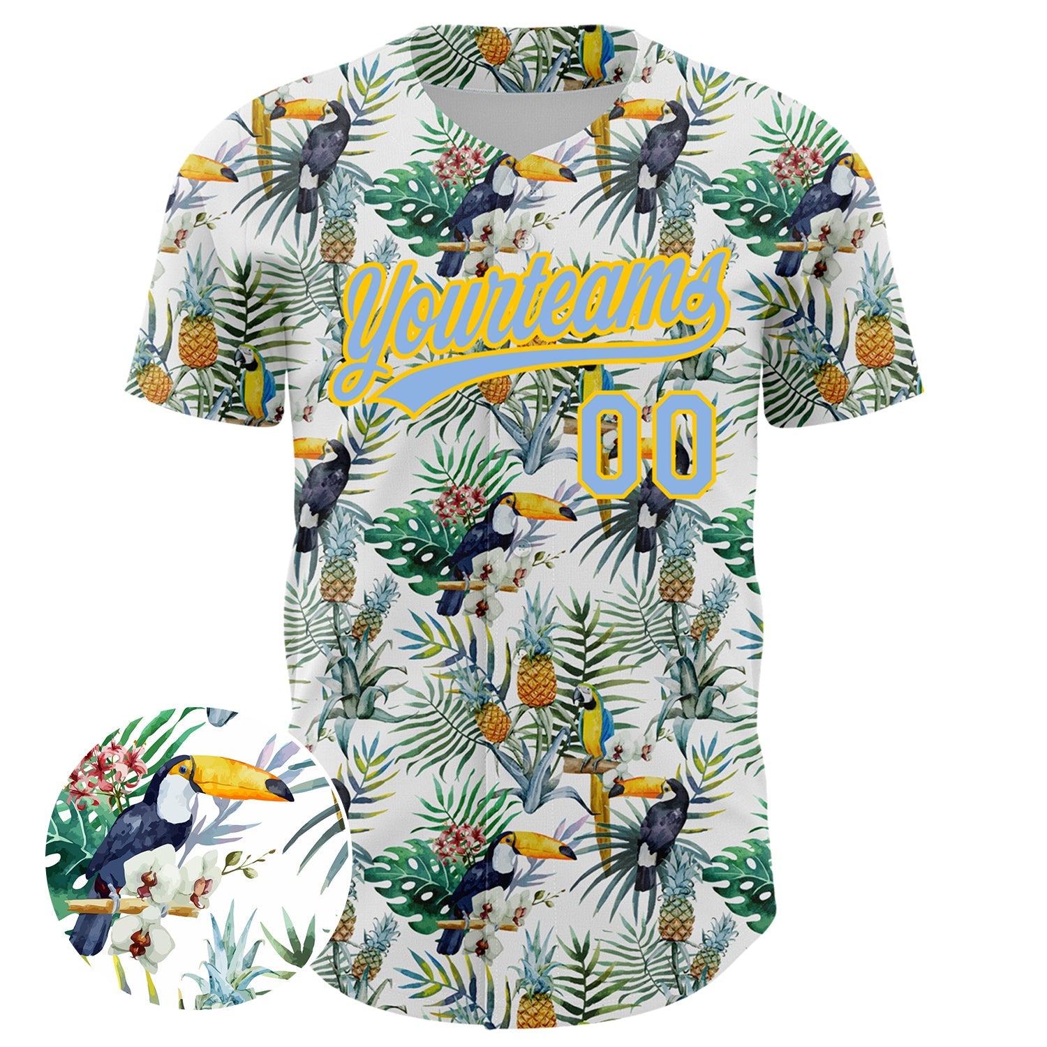 Custom White Light Blue-Yellow 3D Pattern Design Animal Toucan And Tropical Hawaii Palm Leaves Authentic Baseball Jersey view 2